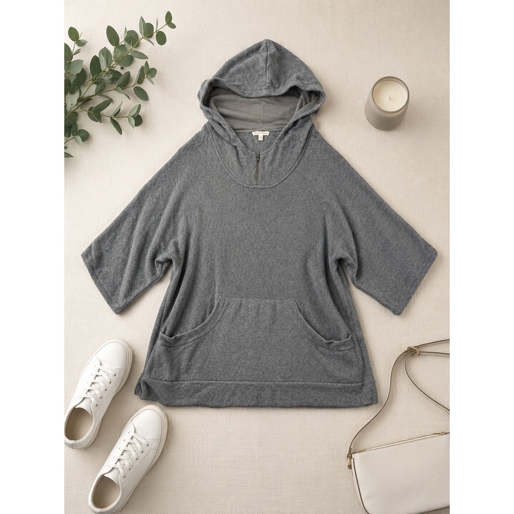 Eileen Fisher Organic Cotton Short Sleeve Hoodie Sweater Grey Large